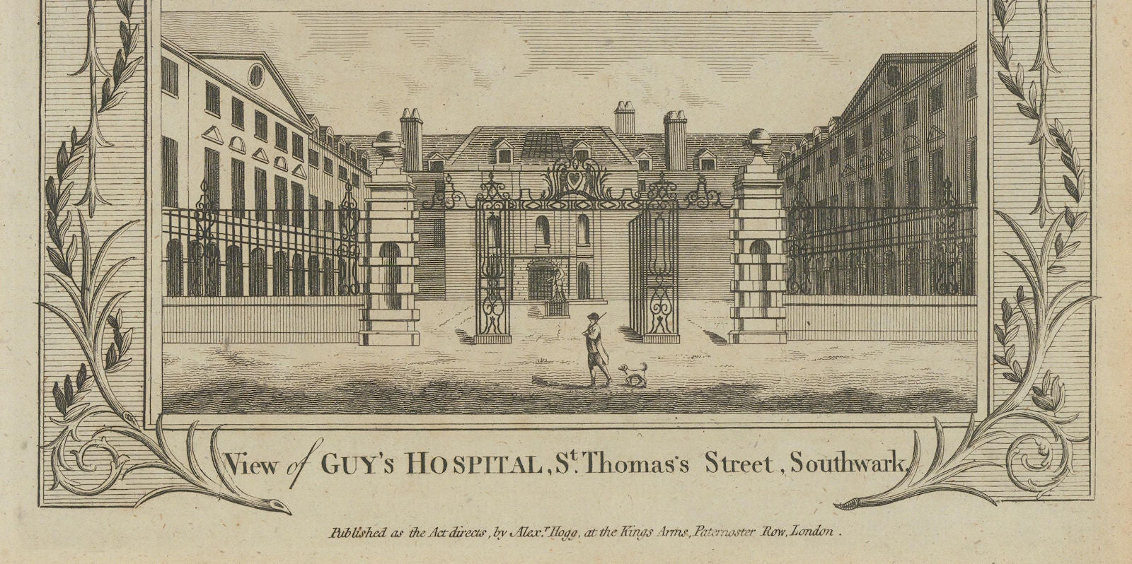 View of Guy's Hospital in Southwark, London. THORNTON 1784 old antique print